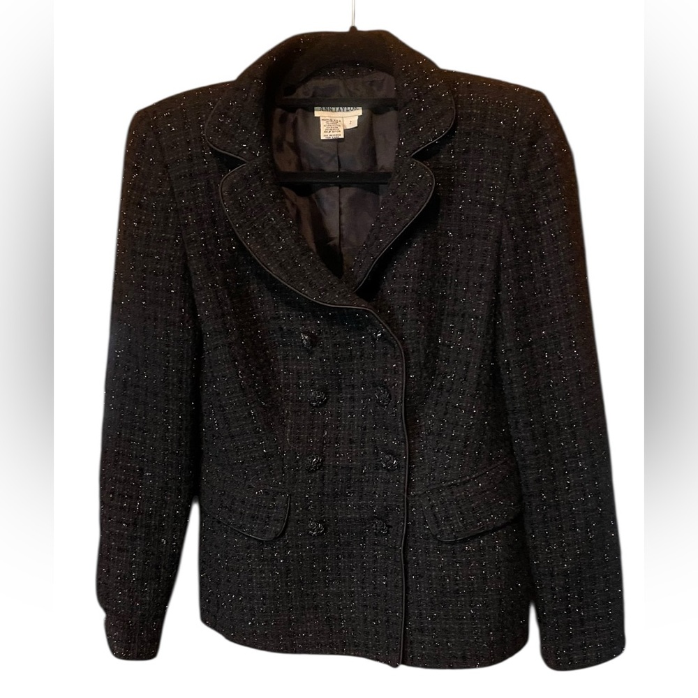 Ann Taylor Black Tweed Blazer Metallic Threading Double Breasted Size 2 Office